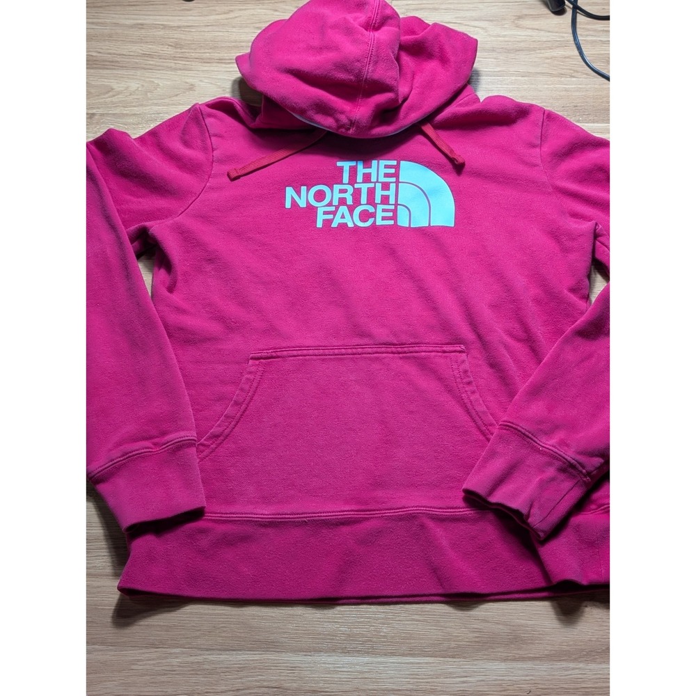 The North Face Womens sz small Hot Pink Blue Logo Pullover Hoodie Sweatshirt 682